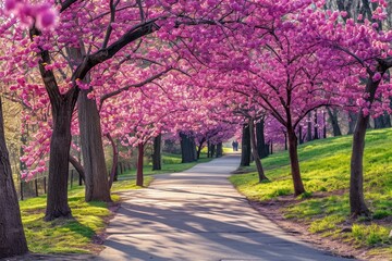 A picturesque street adorned with pink-flowering trees, creating a beautiful scene, A spring...