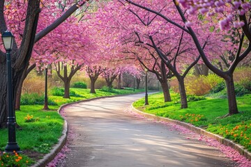 Charming Tree-Lined Street With Blossoming Pink Flowers, A spring harmony of blossoming redbud trees lining a path in a city park, AI Generated - obrazy, fototapety, plakaty