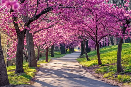 A picturesque street adorned with pink-flowering trees, creating a beautiful scene, A spring harmony of blossoming redbud trees lining a path in a city park, AI Generated