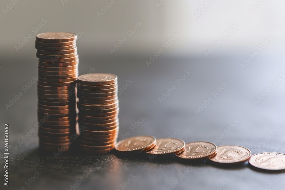 Poster a neat stack of shiny coins sitting on top of a wooden table, a stack of coins creating a staircase 