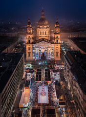 Budapest, Hungary - Aerial view of Europe's most beautiful Christmas market at the illuminated...