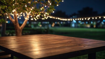 Empty Wood table top with decorative outdoor string lights hanging on tree in the garden at night time, Glowing Natural background.	