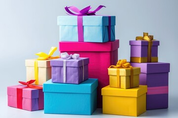 Fototapeta premium A stack of various brightly wrapped presents sitting on top of each other, A stack of different sized gift boxes in vibrant colors, AI Generated
