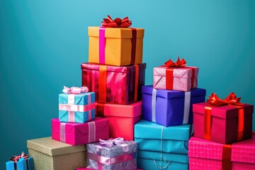 A pile of brightly wrapped presents neatly stacked on top of each other, creating a vibrant display, A stack of different sized gift boxes in vibrant colors, AI Generated