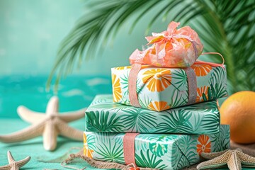 A collection of beautifully wrapped presents is neatly stacked on top of a table, A stack of gift boxes with sunny, beach-themed wraps, AI Generated