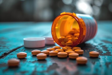 A detailed close up of a bottle filled with pills placed on a table, A standoff between prescription opioids and healthy lifestyle choices, AI Generated - Powered by Adobe