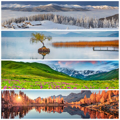 Set of beautiful panoramic views of the four seasons. Stunning landscapes of snowy mountains, blooming Caucasus valley, calm lakes and colorful larch tree forest arranged in a square.