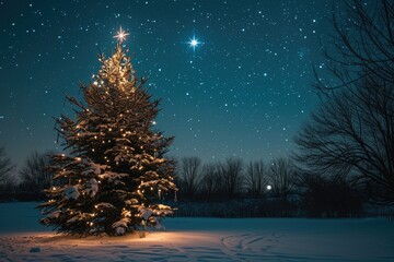 A festive Christmas tree stands adorned with lights and ornaments, glowing brightly in the snowy...