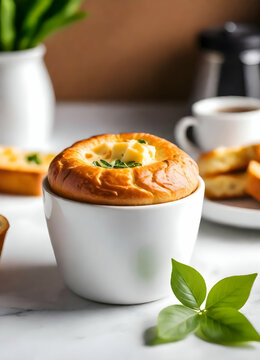 Two cheese breads in a white ramekin with a green leaf garnish, on a brown countertop with a blurred background, accompanied by a colorful fruit bowl