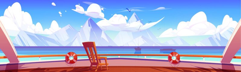 Naklejka premium View from cruise ship wooden deck with railing, lounge chair and lifebuoy on sea or ocean and high snow covered mountain peaks. Cartoon vector illustration of journey on yacht boat. Winter landscape.