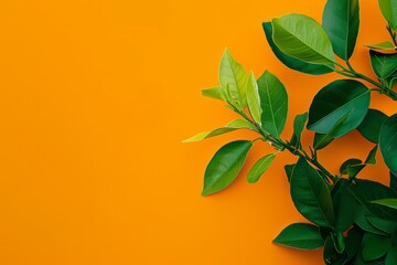 Fototapeta na wymiar Green Plant With Leaves on Orange Background