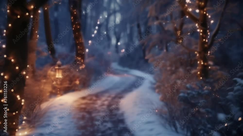 Poster a winding path through a snowy forest lit by a flickering lantern and adorned with frosted branches 