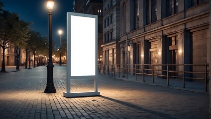 A scene with a blank, white vertical advertising banner on a sidewalk, illuminated by city lights at night Generative AI - obrazy, fototapety, plakaty