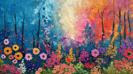 Surrealist colorful flowers in front of colorful trees - obrazy, fototapety, plakaty