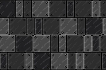 Pixel art Tileset. 2D Dungeon Steel Wall Texture with shadowing - Assets for Game - steel concrete seamless with dark background.	