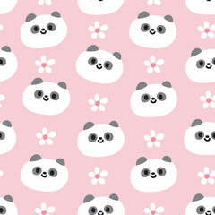 Seamless pattern of cute panda bear face with tiny flower icon on pink background.Chinese wild animal character cartoon design.Clothing print screen.Kawaii.Vector.Illustration.