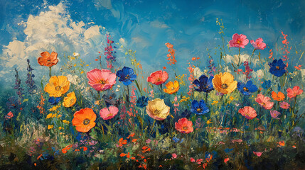 Fototapeta na wymiar Colorful flowers on a meadow under the blue sky