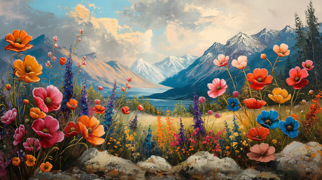 Landscape with flowers in front of mountains, surreal painting