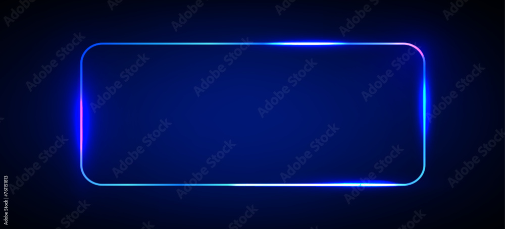 Poster blue neon light rectangle frame glow background. led border line with laser shine effect banner. abs