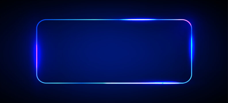 Blue neon light rectangle frame glow background. Led border line with laser shine effect banner. Abstract rectangular tech billboard design. Horizontal night music club party modern round signage.