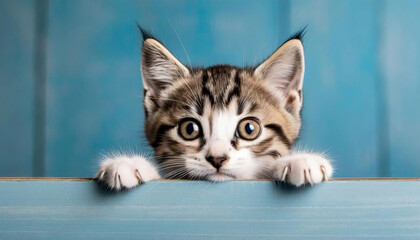 Cute little kitten with paws up peeking over blue wooden background.  Pets adoption, shelter, rescue and help for pets.