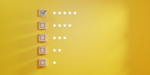 Check mark to select smile face with five stars on blue background , Customer evaluation concept.