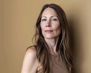 Fototapeta premium Woman portrait in her mid thirties isolated from a beige copyspace background
