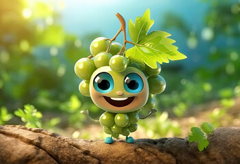 Obraz premium Funny, happy, and cute green grape cartoon character on vineyard background