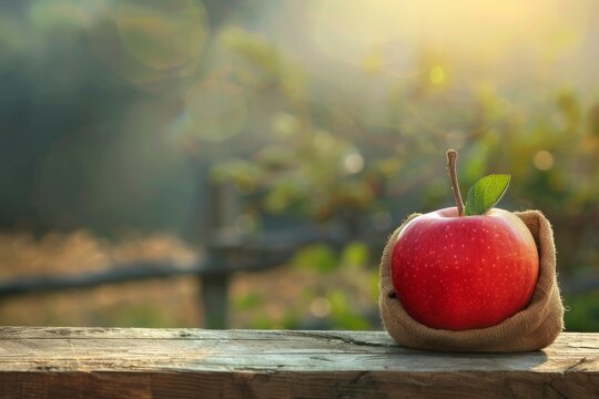 fruit Focus a Red Apple in sack back on wooden table with beautiful farm background