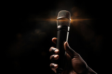A hand holding a microphone in picture.