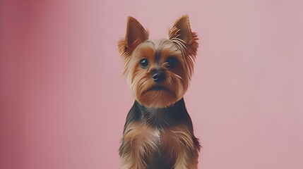 Yorkshire terrier dog after a haircut sits on a table in a grooming salon.  generative ai 