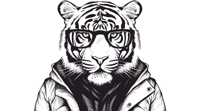 Hipster tiger cool sketch flat vector isolated on white