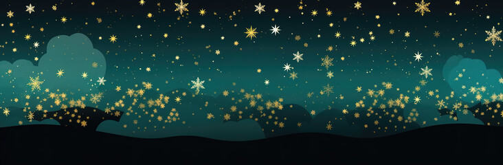 Blue night sky christmas background art with golden star dust and snowflakes above a landscape with...