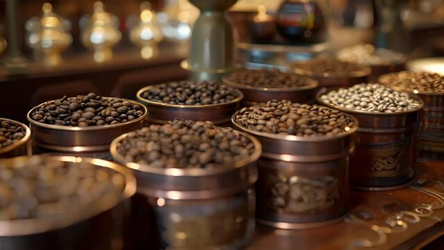 Tins of freshly ground aromatic coffee beans sit on display at the coffee shop tempting customers with rich scent and complex flavors a staple during the predawn meal