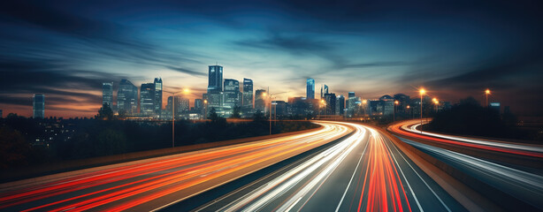 Abstract long exposure dynamic speed light trails in urban and city highway landscape environment...