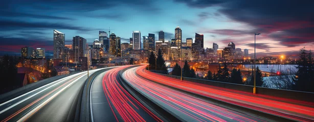 Foto op Plexiglas Abstract long exposure dynamic speed light trails in urban and city highway landscape environment with dusk or night time sky line © G