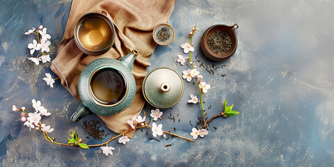  Hot chinese tea in teapot with  flowers. Concept of culture and traditions. banner, copy space - obrazy, fototapety, plakaty