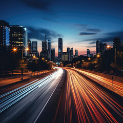 Abstract long exposure dynamic speed light trails in urban and city highway landscape environment with dusk or night time sky line