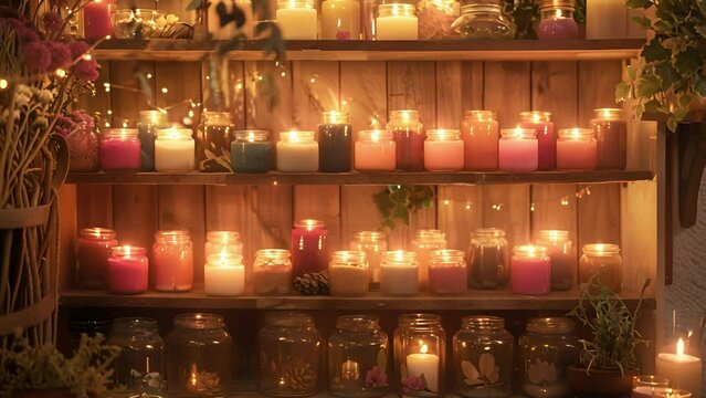 A cozy corner of the boutique filled with shelves of different sized mason jars each holding a different colored and scented candle. The soft lighting and warm colors create