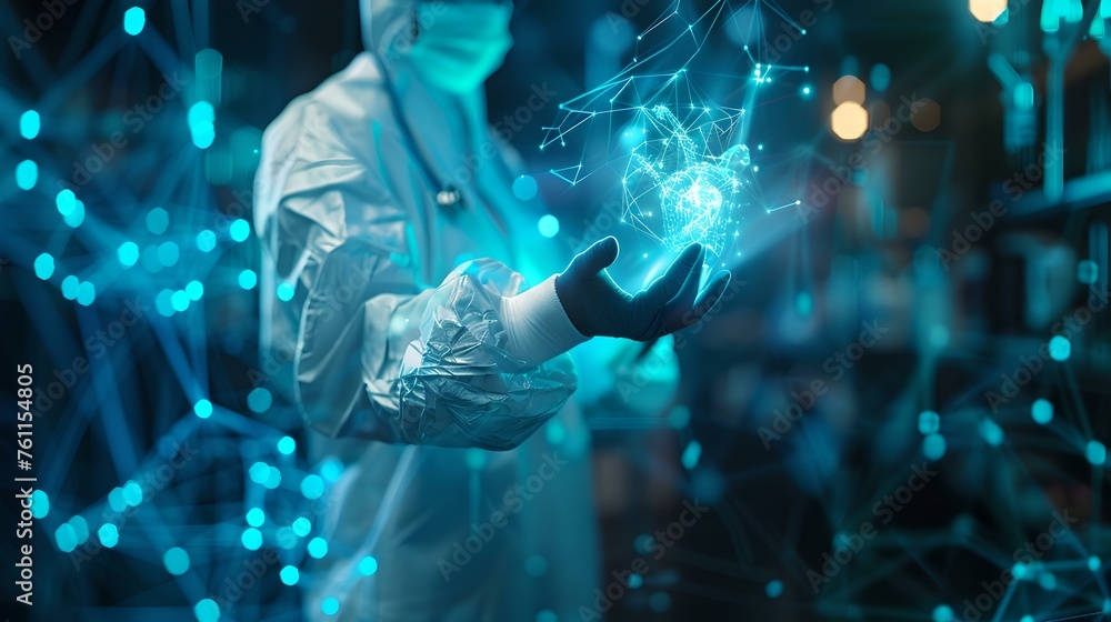 Poster futuristic science research concept with holographic display. scientist in lab coat interacting with