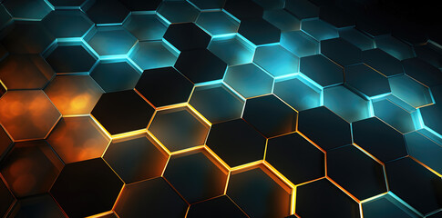 Futuristic abstract technology wallpaper background concept design with metallic 3d hexagon structures and digital lighting rendering - obrazy, fototapety, plakaty