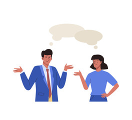 Chatting man and woman with speech bubbles. Business people meet and talk with each other