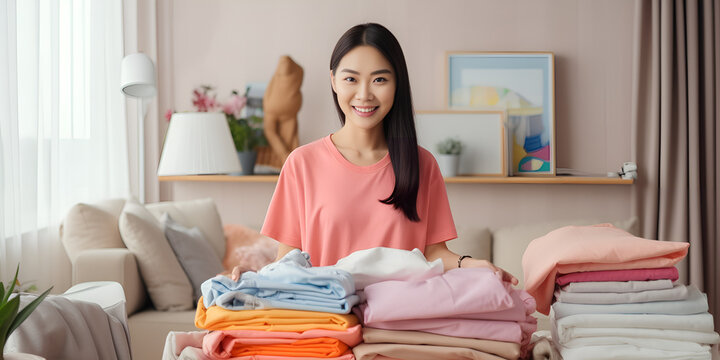 A smiling girl with stacks of washed clothes.