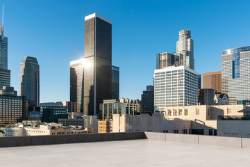 Obraz premium Skyscrapers Cityscape Downtown, Los Angeles Skyline Buildings. Beautiful Real Estate. Day time. Empty rooftop View. Success concept.
