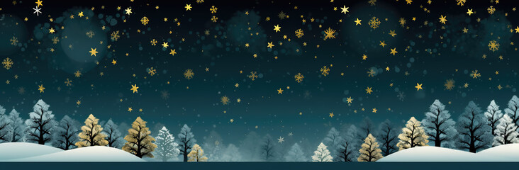 Blue night sky christmas background art with golden star dust and snowflakes above a landscape with a teal fir forest landscape