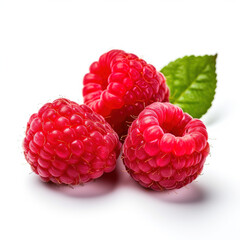 Organic, natural, fresh and healthy red raspberries closeup fruit on white background 