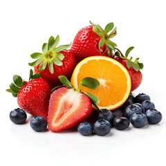 Organic, natural, fresh and healthy assortment of fruit, strawberries, oranges, blueberries on white background 