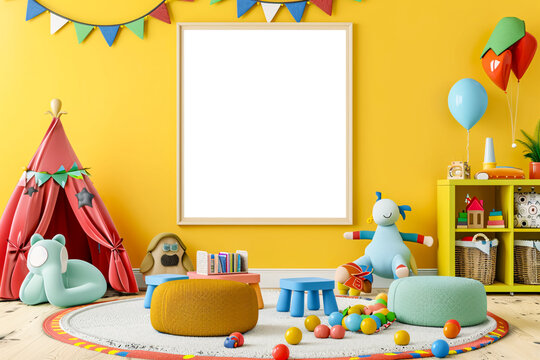 Mockup poster frame in children's playroom, Blank photo frame mockup
