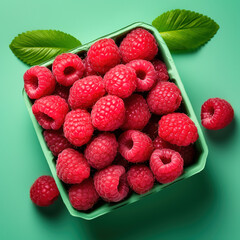 Organic, natural, fresh and healthy red raspberries in a fruit bowl, green fruit background 