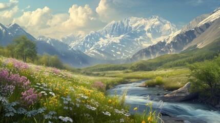 Vibrant wildflowers and a mountain stream with snowy peaks in the background. Resplendent. - obrazy, fototapety, plakaty